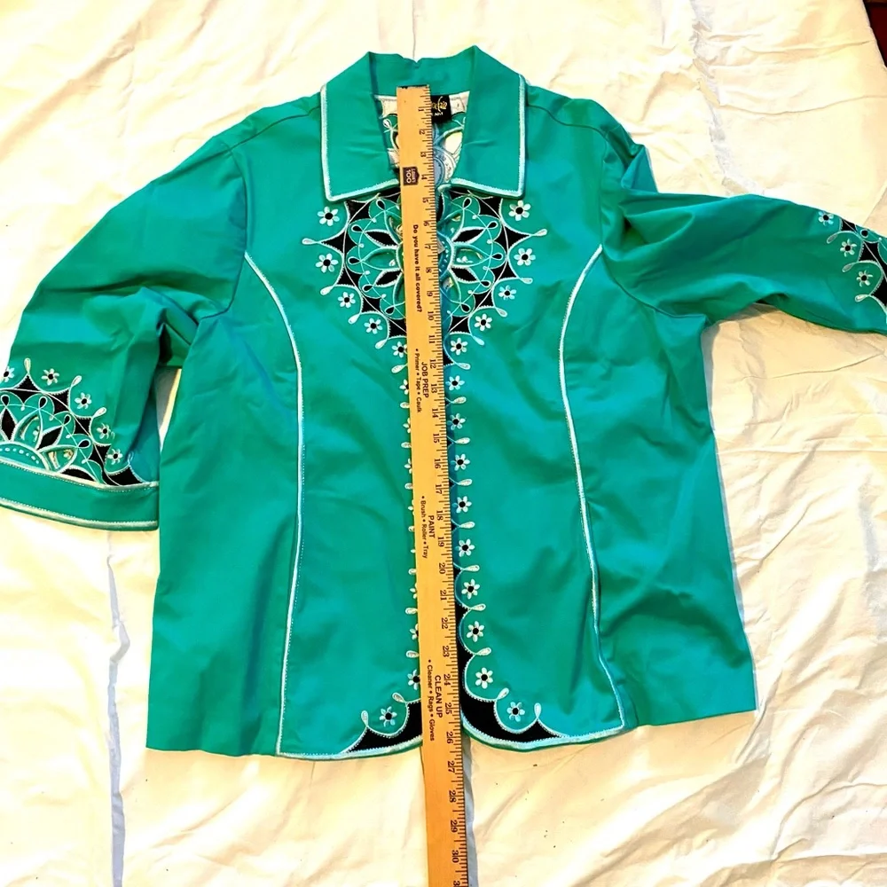 Bob Mackie Wearable Art Teal Green Laser Cut Embroidered Zip up Jacket - Picture 7 of 8